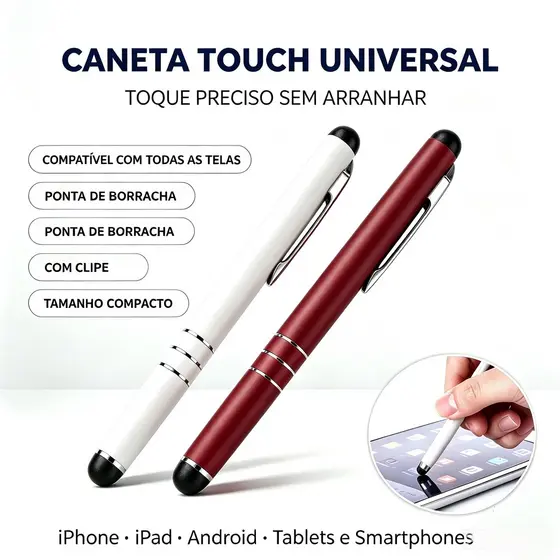 Caneta Touch Capacitiva Universal Smartphone Tablet | Ponta Borracha Antirrisco | iPhone iPad Android