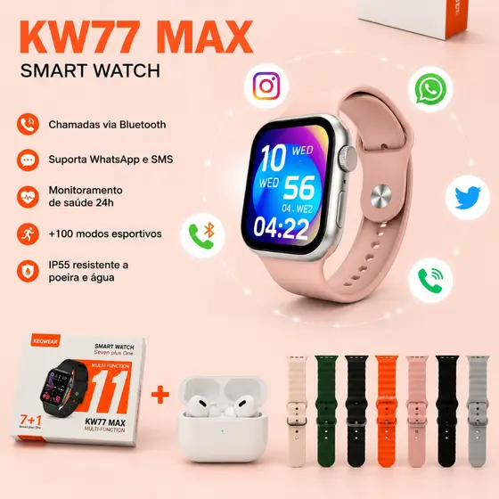 Smartwatch KW77 Max 49mm com Fone e 7 Pulseiras Chamadas Bluetooth e Notificações WhatsApp