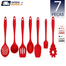 Kit Utensílios Silicone 7 ou 5 Peças Cozinha Antiaderente Espátula Colher Concha Pegador Pincel Vermelho Preto