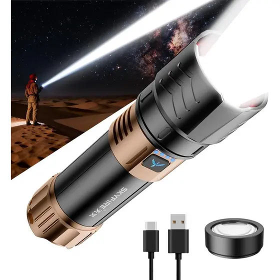 Lanterna Recarregável SKYFIRE de Alta Luminosidade com Lente de Ignição, 3000lm Super Brilhante, 7500mAh, Zoom, À Prova