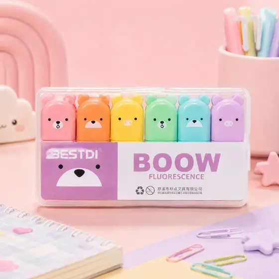 Marca Texto Ursinho Fluorescente Kit 6 Cores Pastel Caneta Grifa Texto Escolar Kawaii