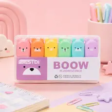 Marca Texto Ursinho Fluorescente Kit 6 Cores Pastel Caneta Grifa Texto Escolar Kawaii