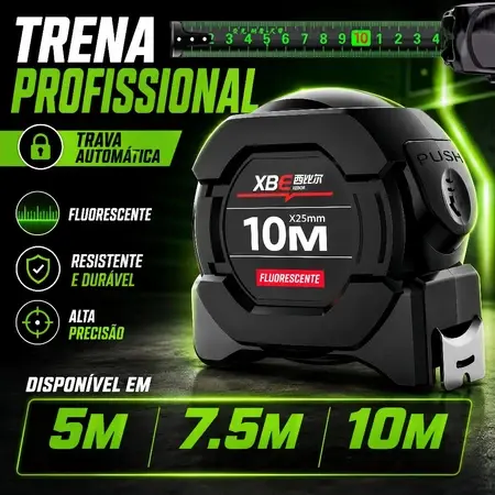 Trena Profissional 5/7.5/10m – Fita de Aço Inoxidável, Fluorescente e com Trava