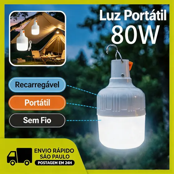Holofote LED 80W Recarregavel Portatil Pesca Churrasco Jardim Area Externa