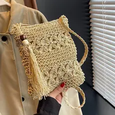 Bolsa Pequena de Verão Feita à Mão, Versátil, de Ombro Único, com Franjas, de Palha, Estilo Novo, para Celular, para Fér