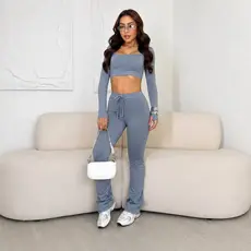 Conjunto Feminino Suplex Premium Calça Flare Cintura Alta Cropped Manga Longa com Dedeira Zero Transparência