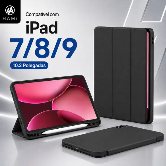 Capa silicone para iPad 7/8/9 (10.2") com Porta Caneta, Suporte Trifold,Proteção Completa