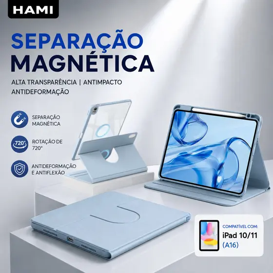 Capa Magnética para iPad 10/11 A16 Giratória 360° Destacável com Porta-Caneta e Sleep/Wake