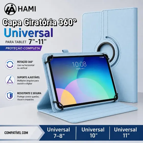 Capa Universal Giratória 360° para Tablet 7"- 8"/ 10" /11 Polegadas com Suporte Ajustável