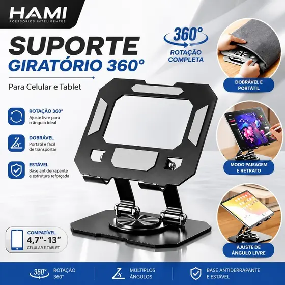 Suporte de Alumínio para Tablet e iPad, Ajustável, Giratório 360°, Dobrável e Antiderrapante