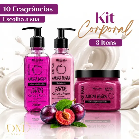 Kit Corporal Banho Premium Sabonete + Hidratante + Esfoliante Rhenuks 200ml Corpo e Rosto 10 fragrâncias