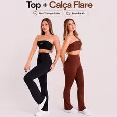 Conjunto Calça Flare + Top Faixa Feminino Fitness Para Academia e Treino Zero Transparência Wazy