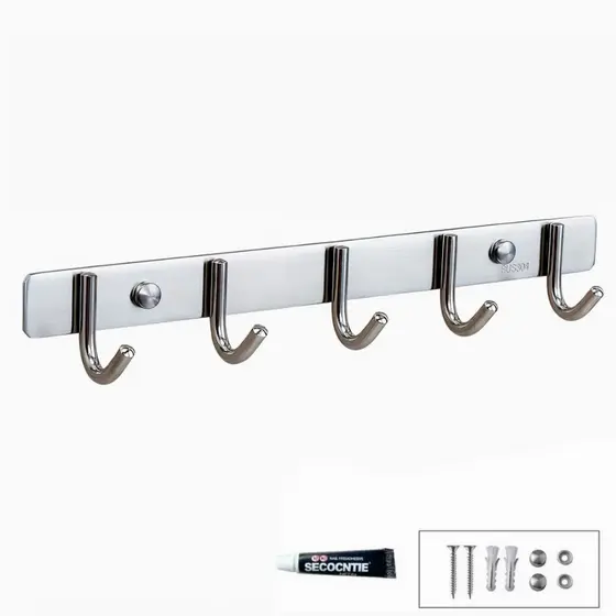 Gancho de Parede em Aço Inoxidável 304, Suporte com 5 Ganchos, Instalação Autocolante ou com Parafusos