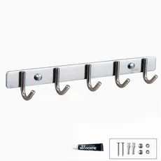 Gancho de Parede em Aço Inoxidável 304, Suporte com 5 Ganchos, Instalação Autocolante ou com Parafusos