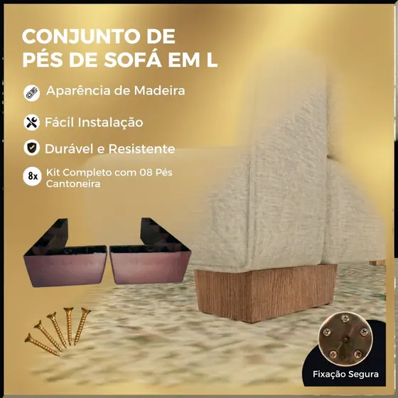 Kit 8 Pés Cantoneira Canto Sofá Poltrona Puff Cor Marrom 12x21cm com Parafusos