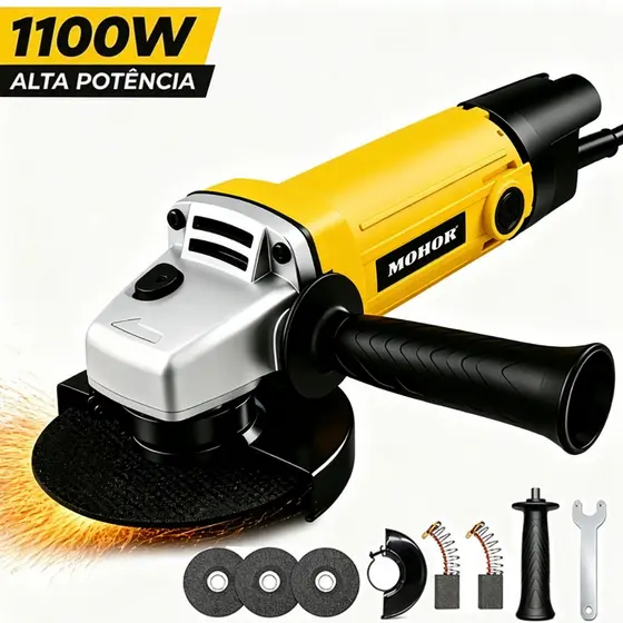 Esmerilhadeira Angular 115mm Lixadeira Elétrica 110V Kit Completo com Discos e Punho Auxiliar