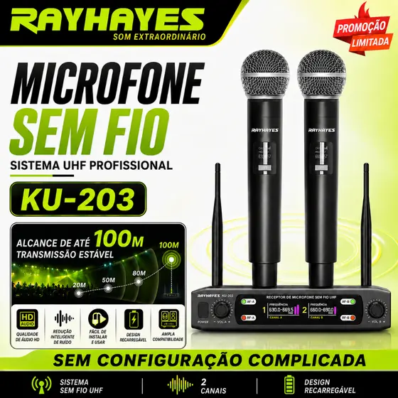RAYHAYES KU-203 Microfones Sem Fio UHF Recarregáveis Receptor Igreja Karaokê