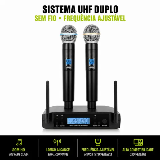 Microfone Sem Fio KU-204 Com Receptor Dupla Antena Sinal Estável Troca Canal IR Automática