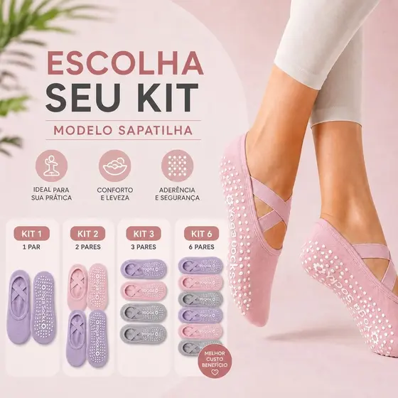 Kit Meia Sapatilha Yoga Pilates Antiderrapante Feminina Academia Algodão Elastano 34-40
