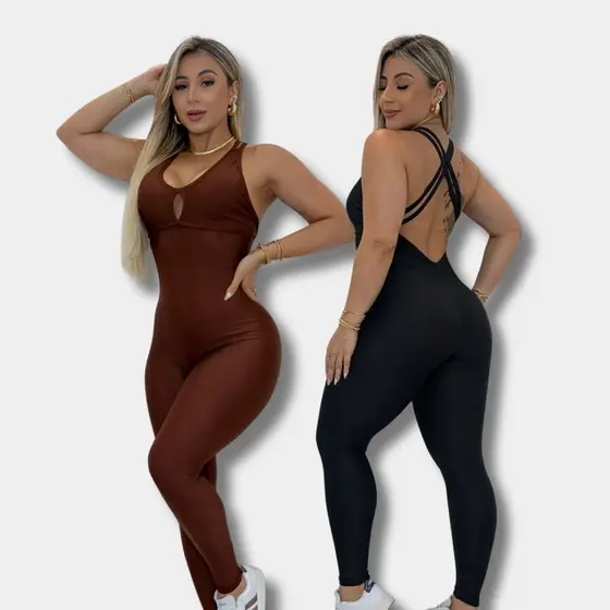 Macacão Feminino De Academia Leg Longo Fitness Alças Cruzadas Nas Costas Liso