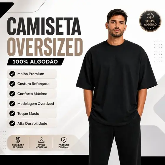 Camiseta Oversized Lisa 100% Algodão Premium Gola Canelada Masculina