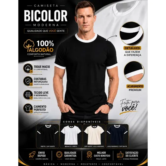 Camiseta T-Shirt Bicolor 100% Algodão Masculina