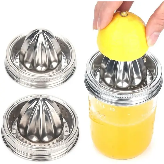 Tampas de espremedor de aço inoxidável para potes Mason (2 peças), espremedor de frutas cítricas adequado para potes Mas