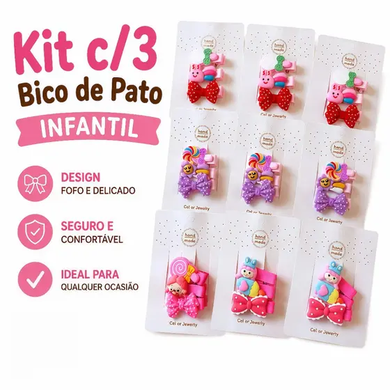 Kit c/3 Bico de Pato Infantil Presilha de Cabelo Menina Laço Colorido Acessório para Bebê