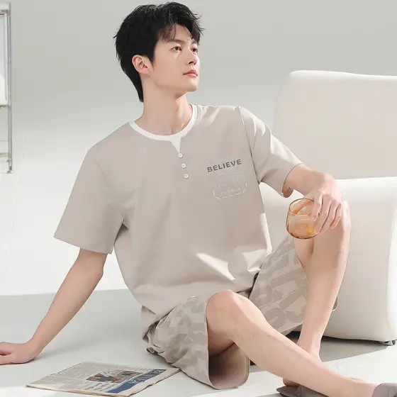Pijamas masculinos verão puro algodão Shorts de manga curta juventude 2026 novo estilo masculino Homewear algodão verão