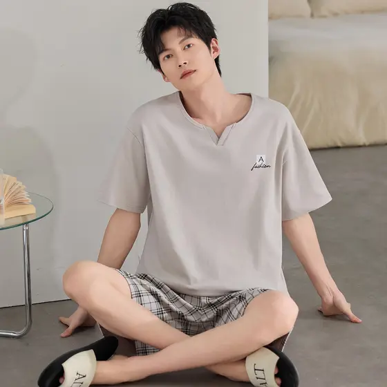 Pijamas masculinos de algodão puro primavera verão Shorts de manga curta masculino solto Plus Size juventude pode usar f
