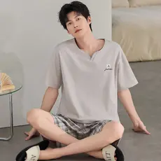 Pijamas masculinos de algodão puro primavera verão Shorts de manga curta masculino solto Plus Size juventude pode usar f