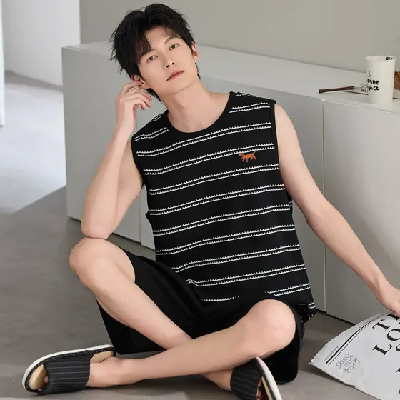 [100% algodão] Pijama masculino verão sem mangas colete Shorts terno masculino tamanho grande pode usar roupa de casa ex