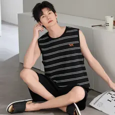 [100% algodão] Pijama masculino verão sem mangas colete Shorts terno masculino tamanho grande pode usar roupa de casa ex