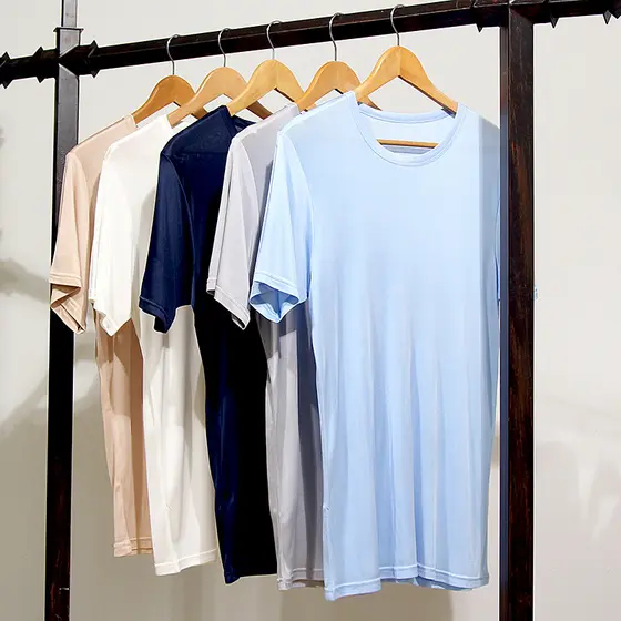 C83 Chamixia malha de seda topo Casual solto camiseta masculina cor sólida em torno do pescoço seda amoreira pai usar ca