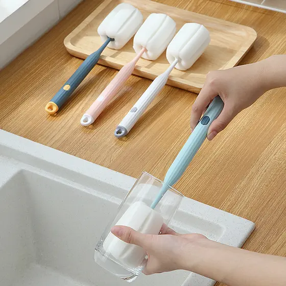 Escova de limpeza de mamadeira doméstica simples Cabo longo sem ângulo morto Escova de esponja Copo de água Manchas de c