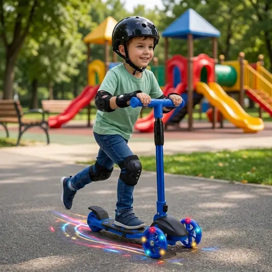 KIT PATINETE 3 RODAS LED + PROTEÇÃO 7 PEÇAS CAPACETE JOELHEIRA COTOVELEIRA MUNHEQUEIRA 3 ANOS MENINO AR LIVRE CRIANÇA