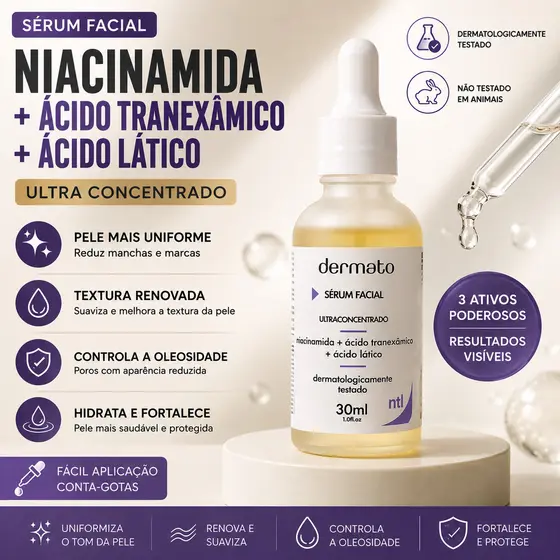Sérum Facial Niacinamida 30ml | Ácido Tranexâmico + Ácido Lático | Ultra Concentrado | Skincare