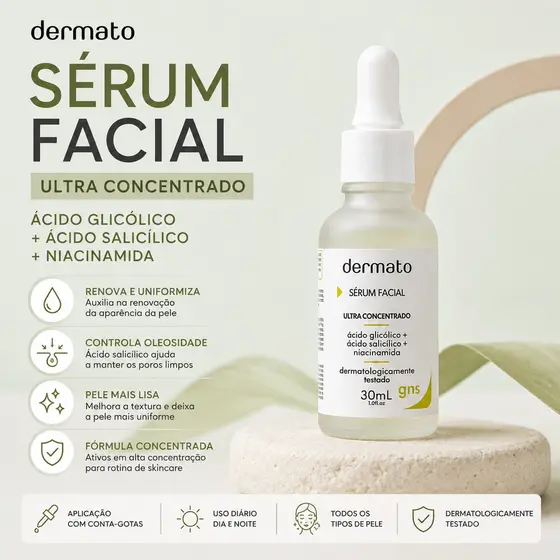 Sérum Facial 30ml | Ácido Glicólico + Ácido Salicílico + Niacinamida | Skincare para Pele Uniforme