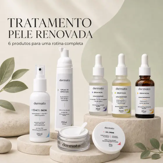 Kit Skincare Facial Dermato 6 Produtos | Séruns, Tônico, Espuma e Gel Creme | Tratamento Completo para Pele Renovada