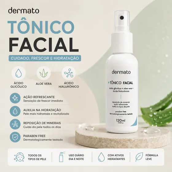 Tônico Facial 120ml | Ácido Glicólico, Aloe Vera e Ácido Hialurônico | Hidratação e Frescor | Dermato
