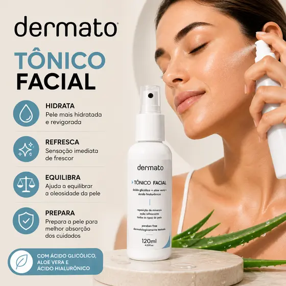 Tônico Facial Dermato 120ml Ácido Glicólico, Aloe Vera e Ácido Hialurônico | Hidratação e Frescor