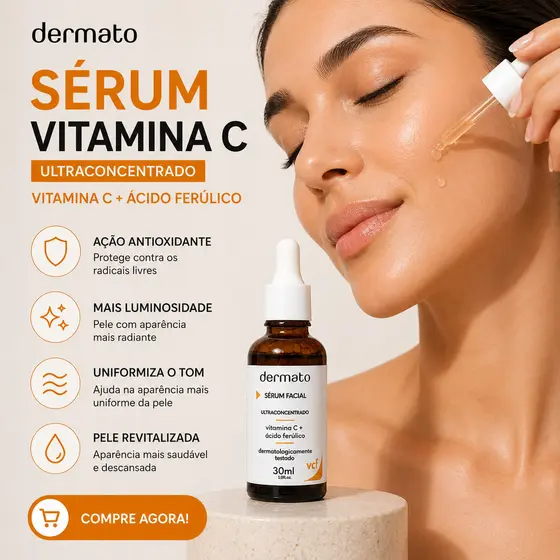 Sérum Facial Ultraconcentrado Dermato 30ml | Vitamina C + Ácido Ferúlico | Antioxidante, Luminosidade e Uniformidade