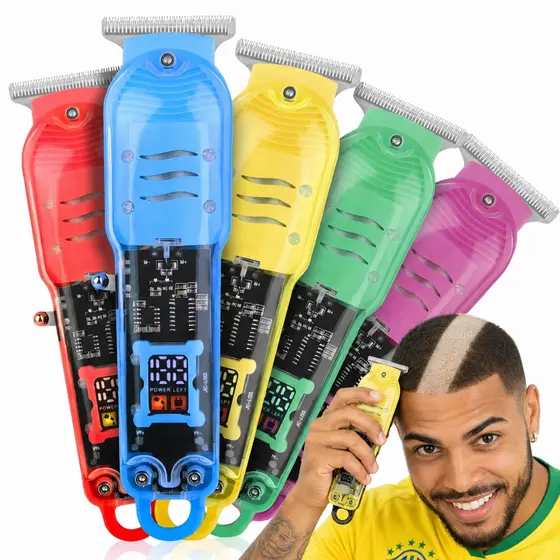 Máquina de Cortar Cabelo Profissional Sem Fio Barbeador Elétrico Smart LCD Transparente Recarregável Masculino