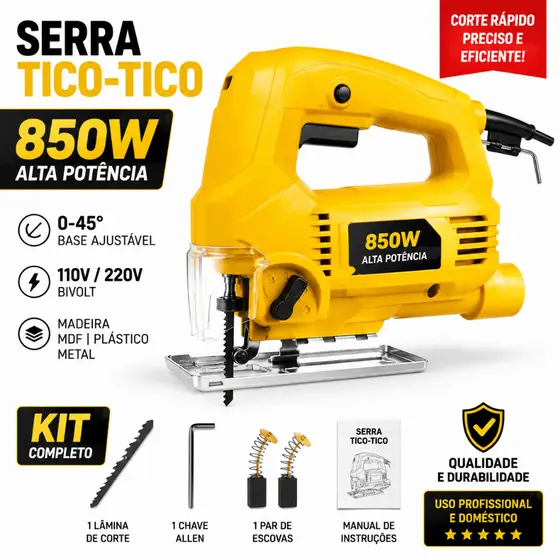Serra Tico-Tico Elétrica 850W Profissional Base Ajustável 0-45° Corta Madeira MDF Metal Plástico 110V/220V