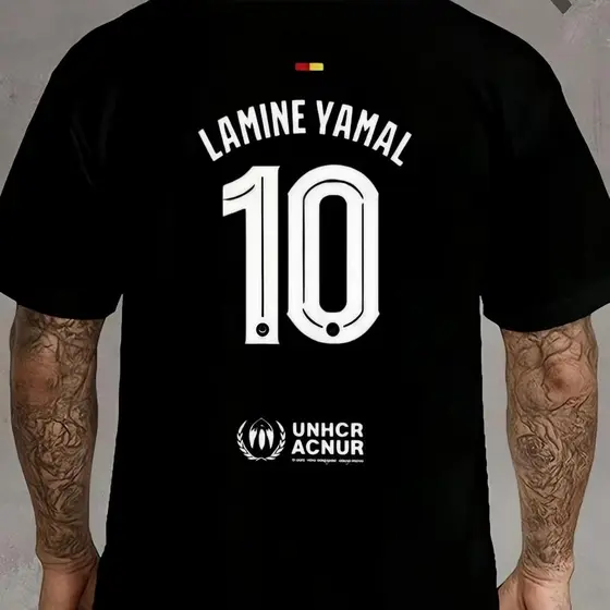Camiseta Gola Redonda Algodão Respirável Preta Lamine Yamal Número 10 no Verso Estampa DTF Para Fãs de Futebol