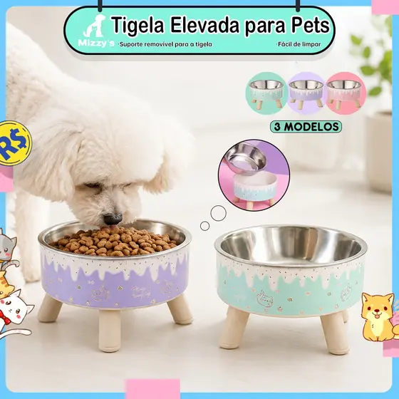 Comedouro Bebedouro Pet Elevado com Tigela de Aço Inox Removível Base Estável 14cm