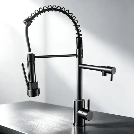 Torneira de Cozinha Preta Fosca com Mola Retrátil  2 Saídas de Água Independentes  Misturador Monocomando  Aço Inoxid
