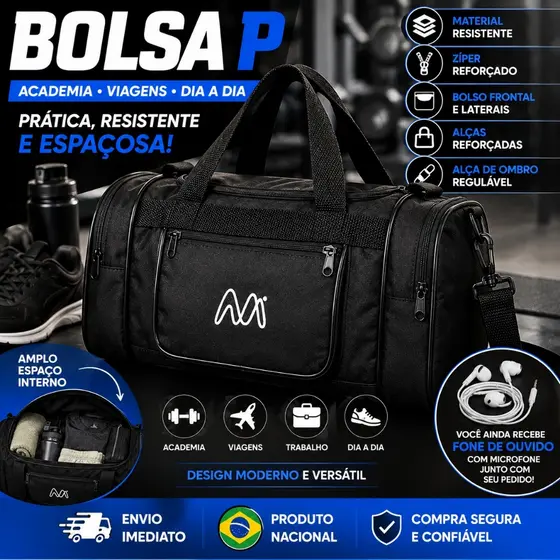 Bolsa de Academia Mala Sacola de Viagem Pequena Nylon Impermeável Resistente + Fone de Ouvido com Microfone