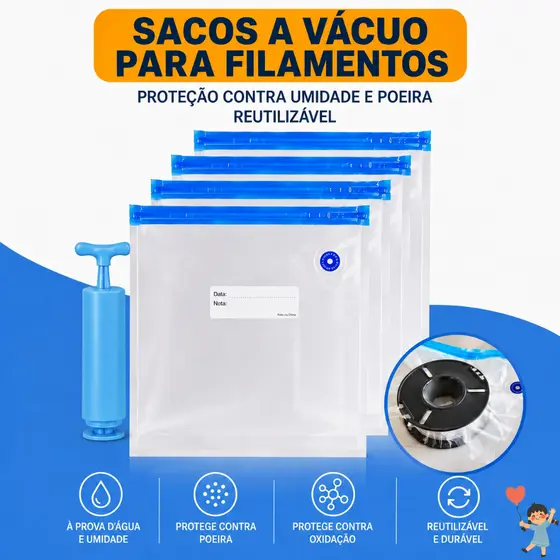 Saco a Vácuo para Filamento 3D PLA PETG Reutilizável com Válvula 3 Tamanhos