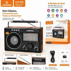 Caixa de Som Portátil Retro Les-808 Rádio FM AM Lanterna Caixinha de Musica MP3 USB Cartão SD AUX